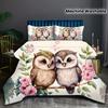 2/3pcs Set Fresh and Loving Two Love Owls Perched On Pink Flower Branches Bird-themed Bedding Set Digital Print Quilt Cover Set
