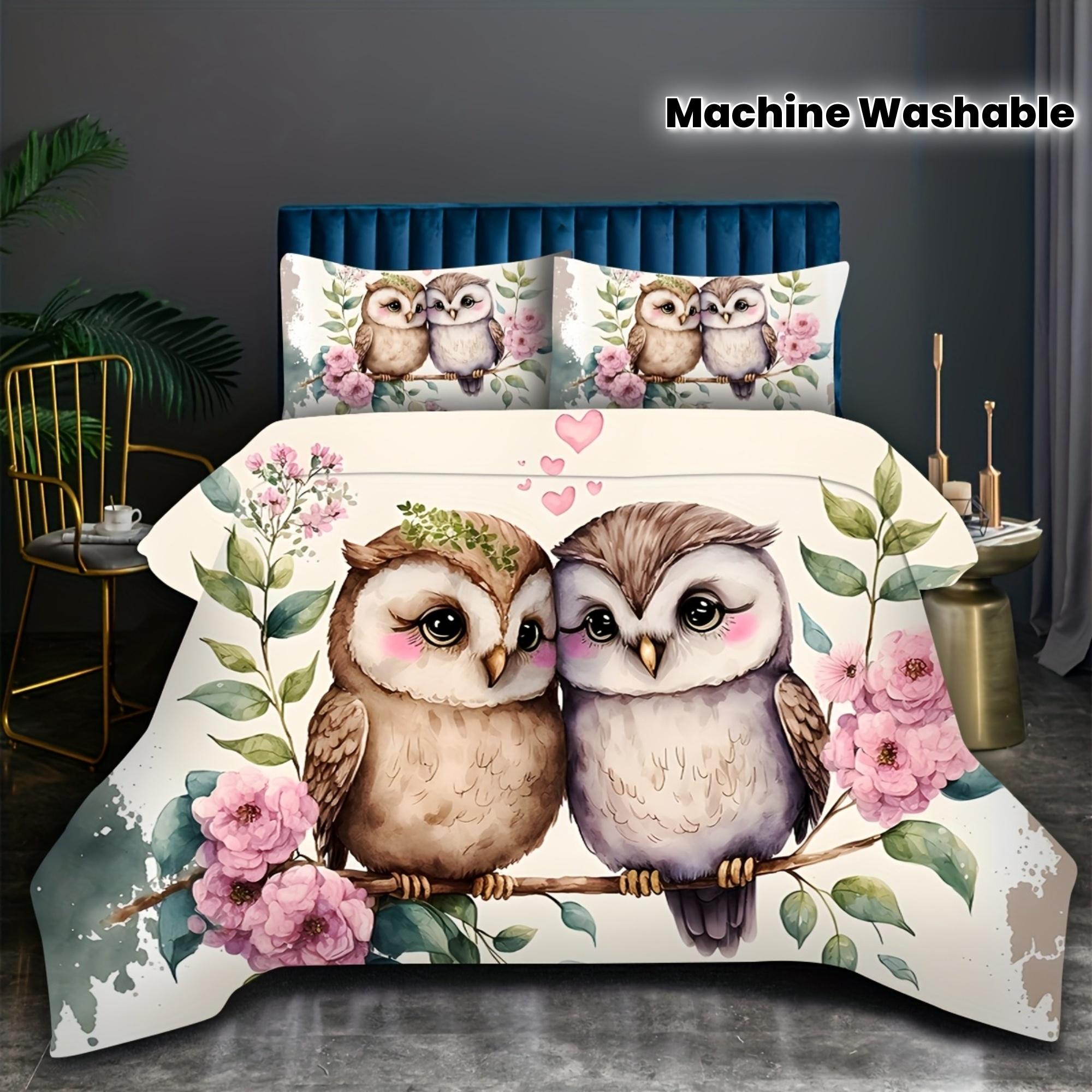 

2/3pcs Set Fresh and Loving Two Love Owls Perched on Pink Flower Branches Bird-themed Bedding Set Digital Print Quilt Cover Set EU Twin(135x200cm)
