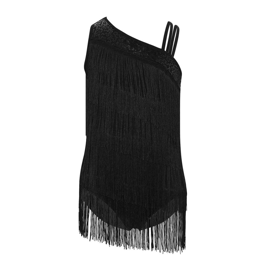 Mädchen Modernes Standardtanzkostüm Ärmellos Stufige Quasten Body Asymmetrisches Design Latein Salsa Tanzbekleidung