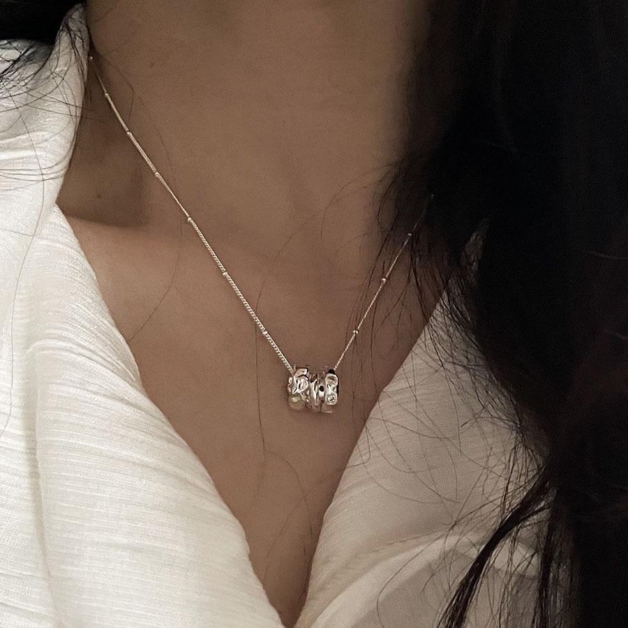 New High-End Summer French Zircon Necklace Geometric Three-Ring Pendant Collarbone Chain Women