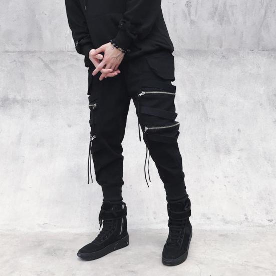 Men Cargo Pants Strap Zipper Decor Loose Ankle-banded Mid-rise Solid Color Multi Hip Hop Streetwear Outdoor Travel Sport Trousers