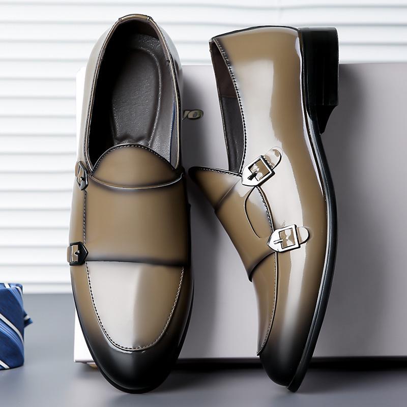 Men's Shiny Leather Double Buckle Monk Shoes - Pointed Toe, British Style, Business Casual.