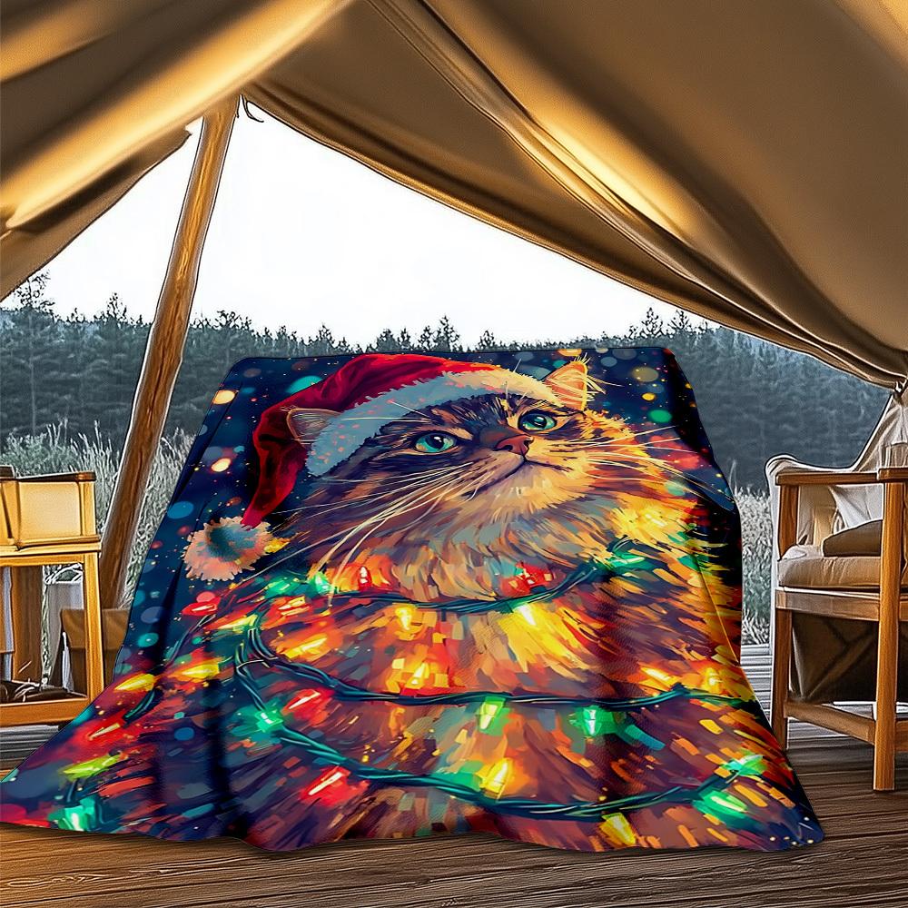 1pc Christmas Cat Outdoor Soft Polyester Flannel Throw Blanket Versatile for All Seasons , Soft , Cozy , Warm All Season Quilted Throw ,