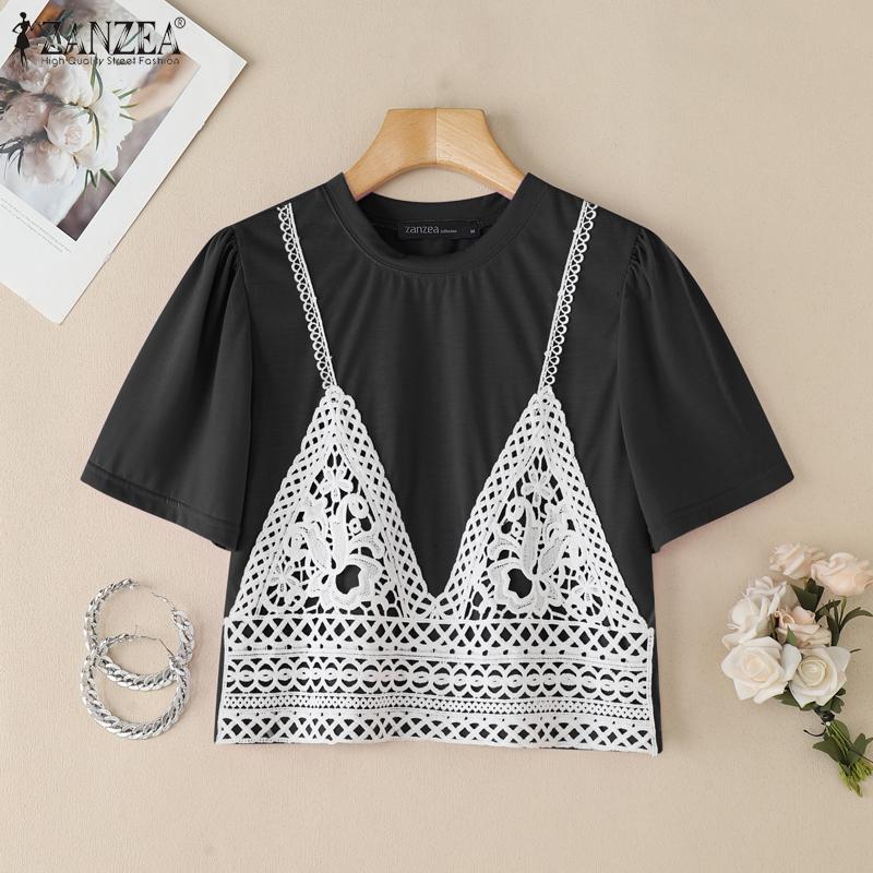ZANZEA Women Casual Round Neck Short Sleeve Summer Patchwork T-Shirts