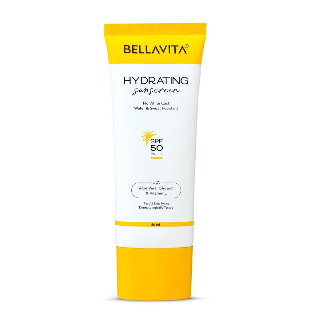 BELLAVITA Water Based Hydrating Sunscreen, SPF 50, Lightweight PA+++, For All Skin Types, No White Cast, Non - Greasy Finish, UV Protection, Broa