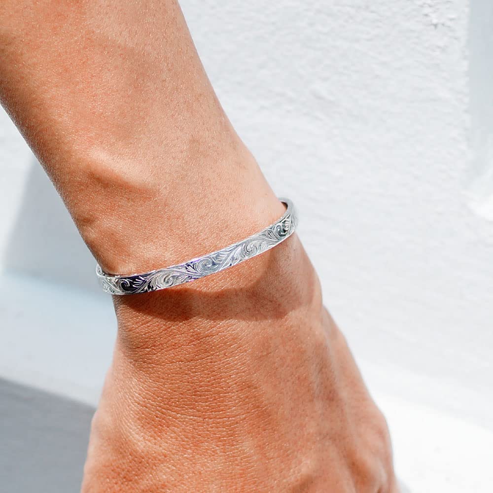 Hawaiian Scroll Bangle Silver Accessory for Men and Sold Individually Name Women, [Brand [Size Men's] b0698-men