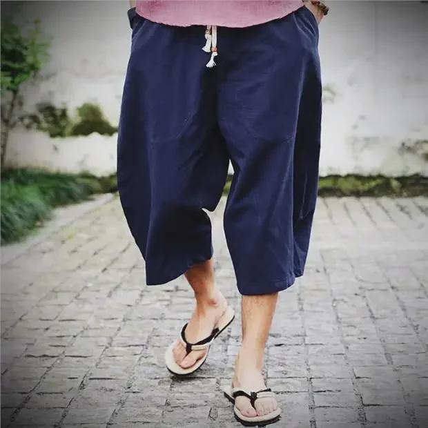 Men's Loose-Fit Cotton-Linen 7-Point Wide-Leg Trendy Chinese Style Summer Shorts
