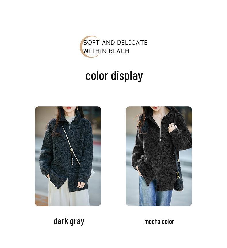 Women's Pure Wool Zipper Knit Cardigan - Long Sleeve, Soft, Warm, Solid Color for Autumn/Winter