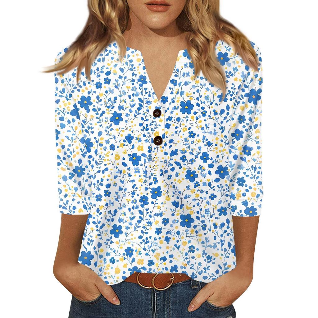 Γυναικείο T-Shirt με Πουέντα Κουμπί 3/4 Μανίκι Καθημερινό Σαββατοκύριακο Μόδα Βασικό V-Λαιμόκοψη Κανονικό Τοπ