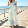 Sleeveless U Neck Maxi Dress,Women Pale Blue Bloom Sundress,Transparent Floral Art Print,Seaside Holiday Outfit