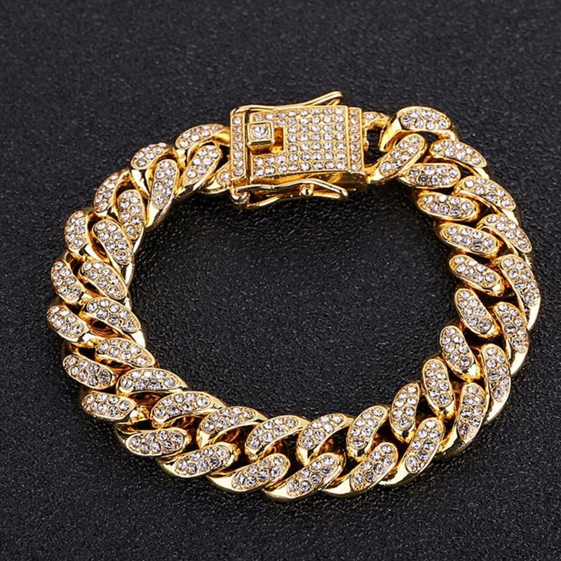 Hip Hop Shiny Cuban Link Chain Bracelets Women Men Gold Color Rhinestone Iced Out Chain Bracelets Punk Wristband Jewelry Gift
