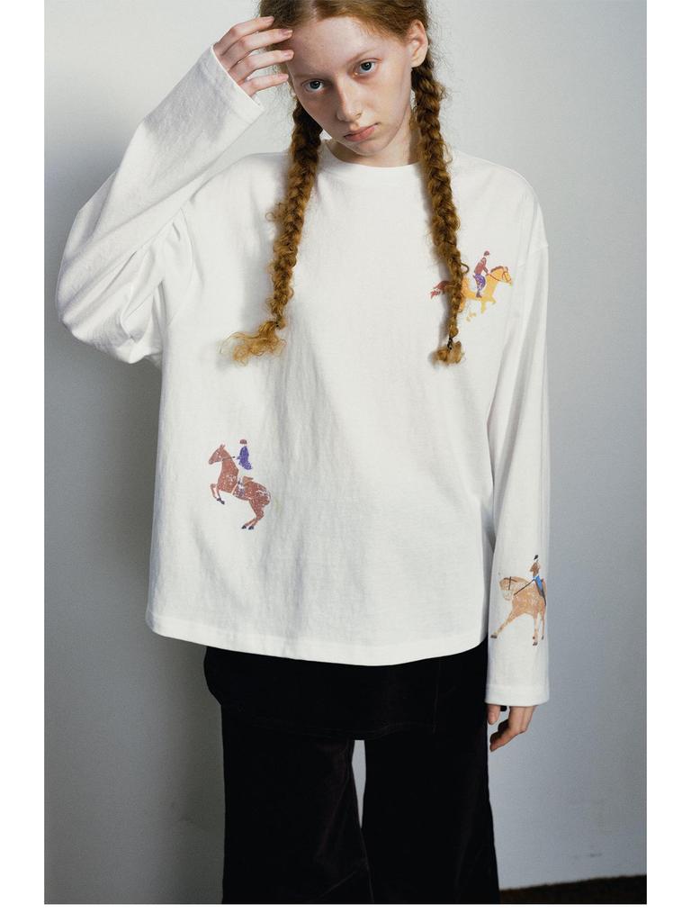 Dai He Early Spring Casual Color Block Horse Print Long Sleeve T-Shirt