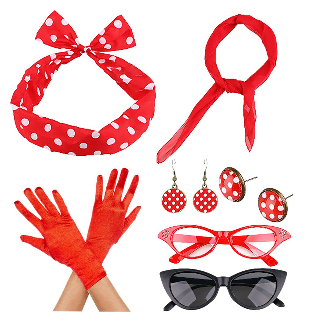 50s Women Costume Accessories Scarf Eye Glasses Headband Earrings Set For 50's Halloween Party