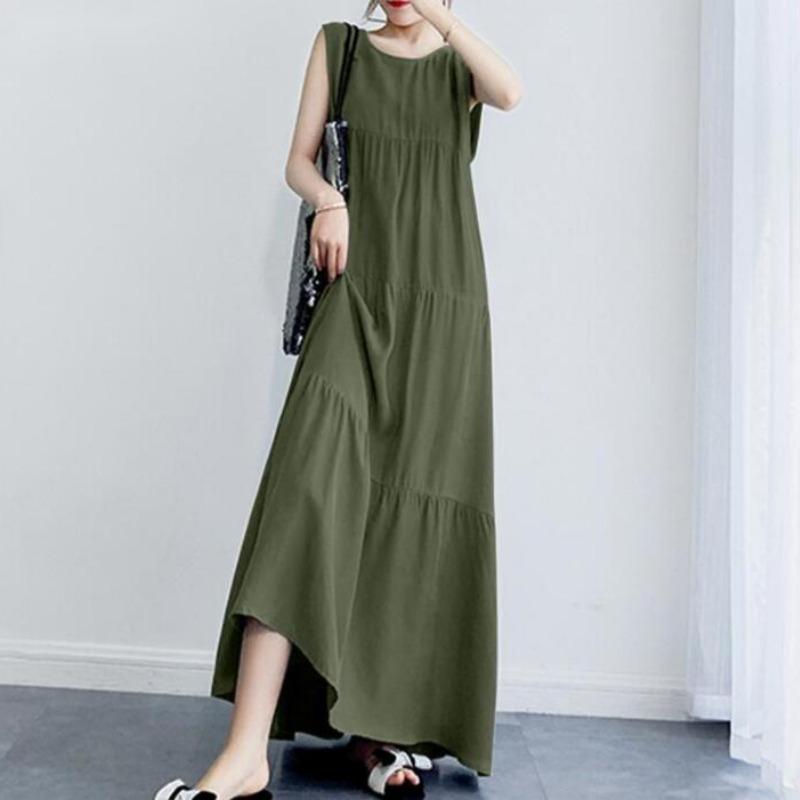 

2026 Fashion Summer Women Casual Dress Plus Size Sleeveless Round Neck Long Dresses Women Elegant A Line Loose Dress Female Clothing 24361 S зелёный