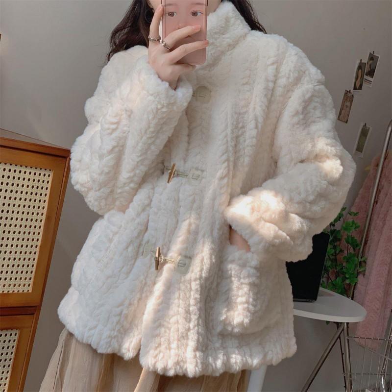 Lamb Wool Coat Women Winter Thick Imitation Otter Rabbit Hair Loose Plush Horn Buckle Round Collar W All-match Student