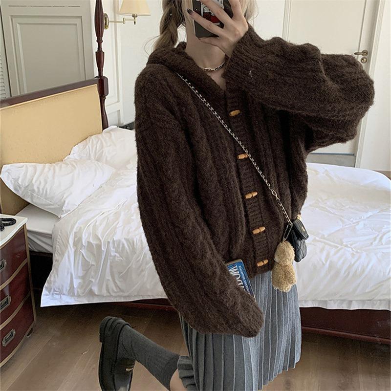 Retro twist hooded knitted cardigan top women's autumn and winter new loose lazy style solid color sweater jacket