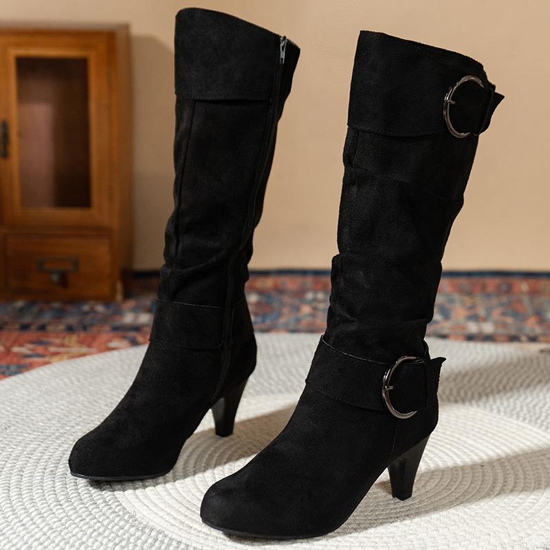 Side Zip Block Heel Heels New Pointed Toe Scrub Fleece Belt Buckle Non-Slip Wear-Resistant Knee Boots