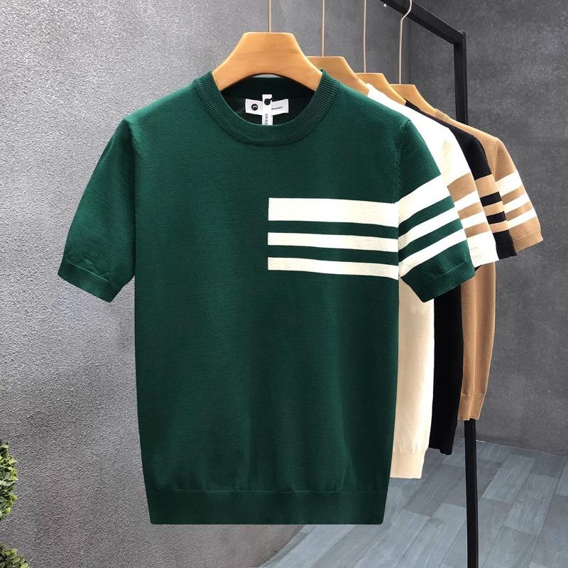 Summer new short-sleeved sweater men's striped simple business light mature slim ice silk T-shirt