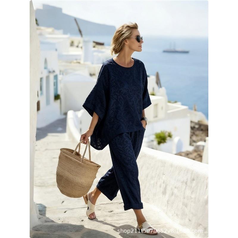 Clothing Bohemian Casual Suit 1116 Vintage Printed Wide Leg Pants Beach Vacation Ladies Two-piece Set