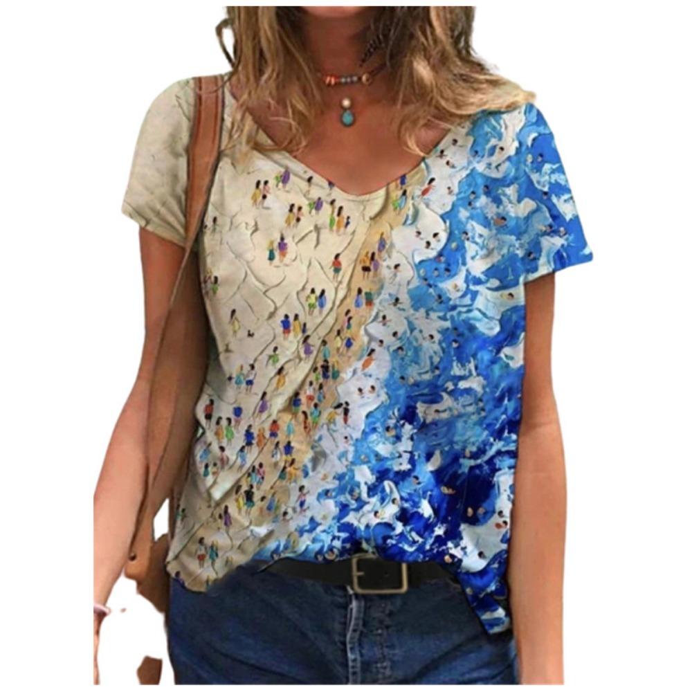 

Summer Beach T-shirt Creative Printed Blouse Casual Loose Pullover V-neck T-shirt Women s Short-sleeved Blouse S