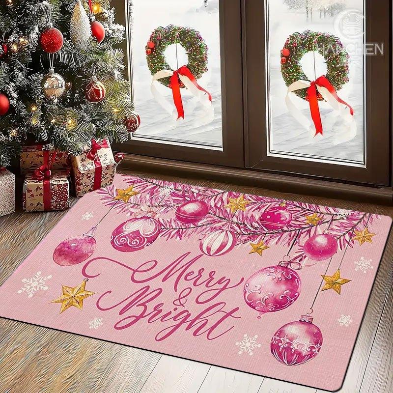 Pink Bauble Pine Star Merry & Bright Letter Print Non Slip Front Door Mat Soft Xmas Holiday Entryway Decor Rug