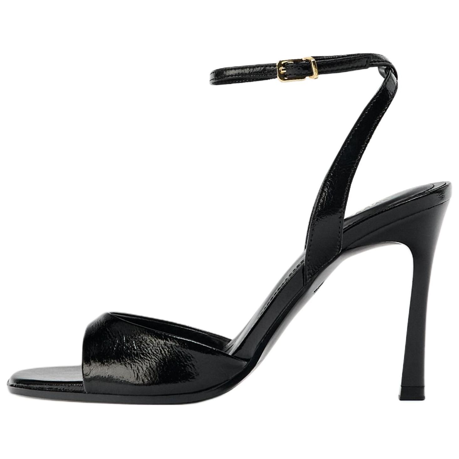 Zara Patent Leather Ankle Strap High Heel Sandals Black Women 12318510 36