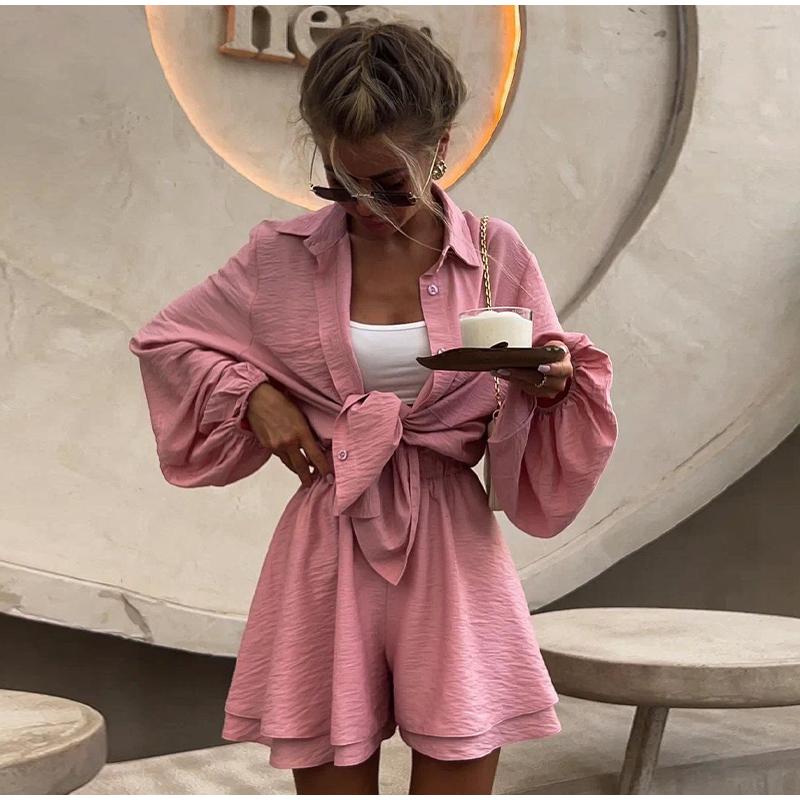 2024 Summer Women's Long-sleeved Tops Ruffled Shorts Casual Fashion Suits