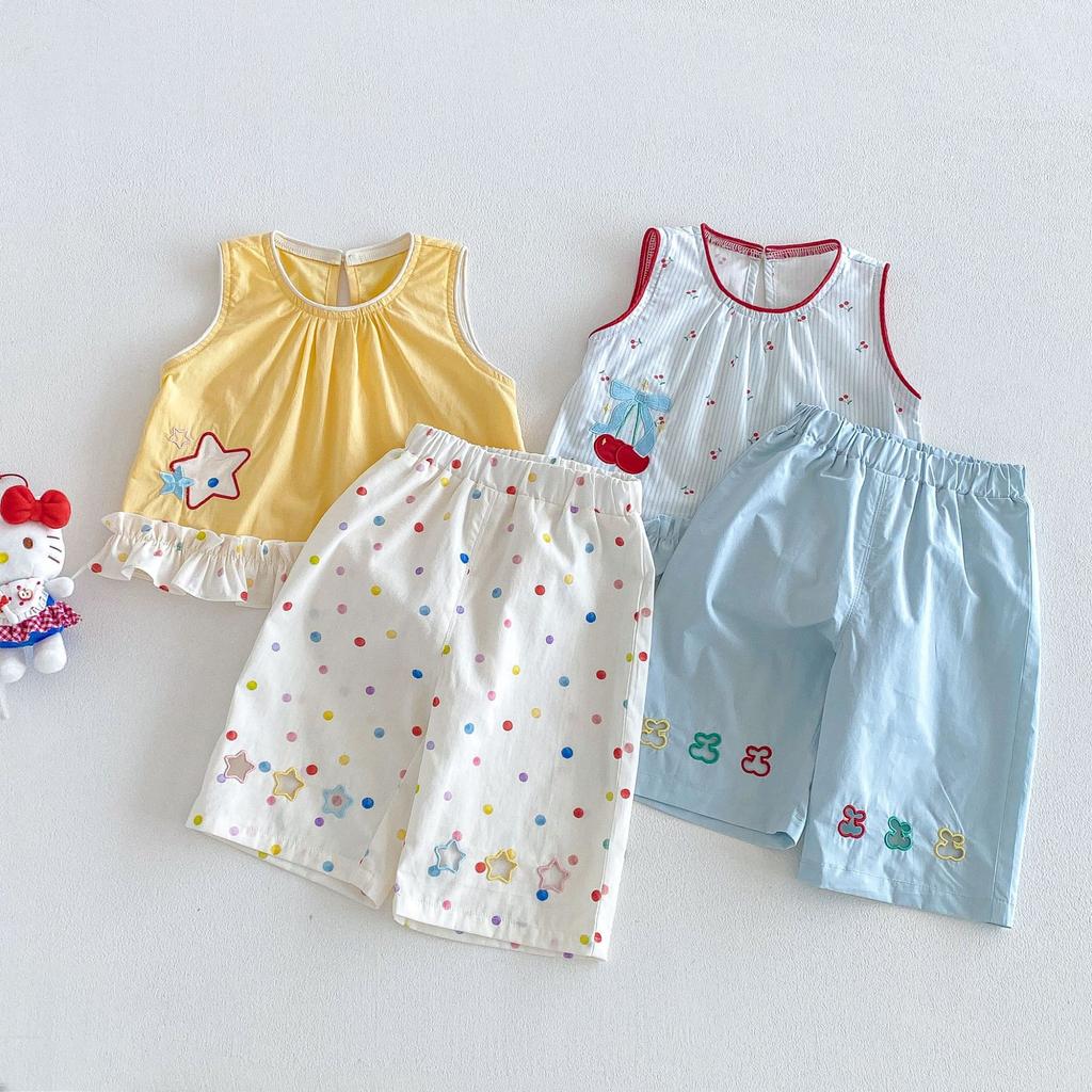 Girls Cherry Star Patch Vest And Polka Dot Pants Set Cute Baby Summer Casual Two Piece Outfit For Kids