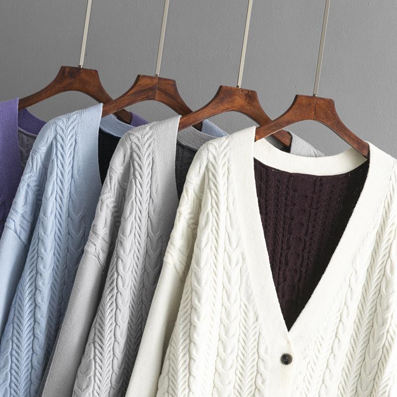 Autumn Winter Vintage Loose Long Sleeve Top Block Color Cardigan Pullover Knitwear Twists V-neck Sweater