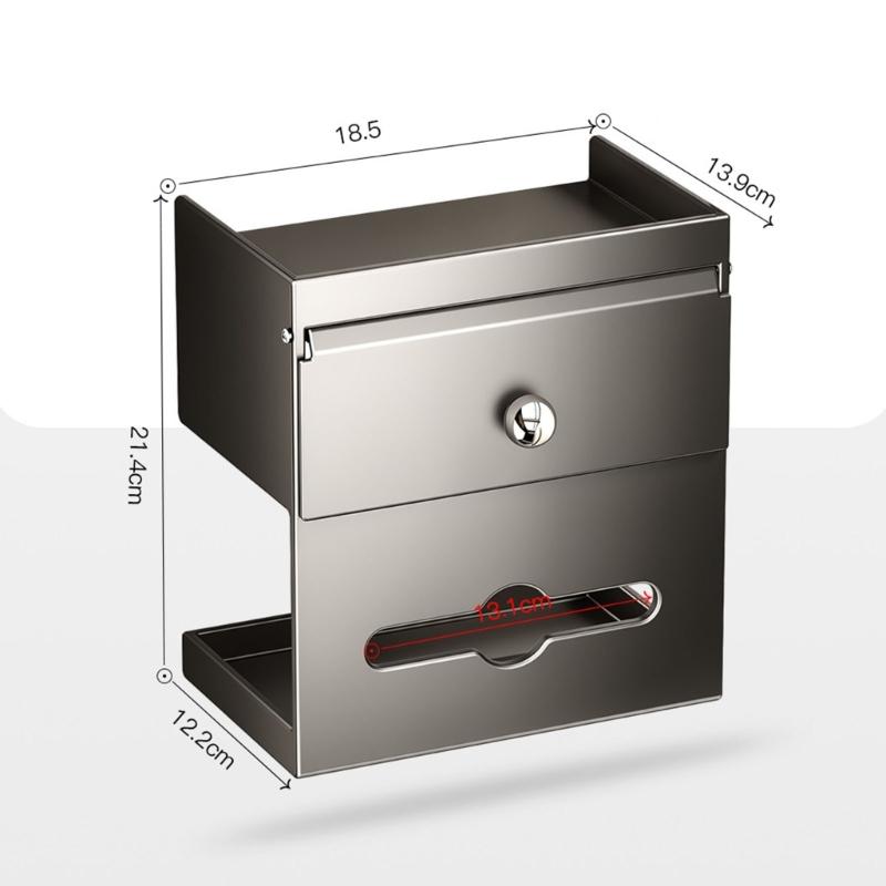 Adhesive Wall Mount Toilet Paper Storage Box with Covered Section and Upper Tray, Bathroom Tissue Case for Daily Use