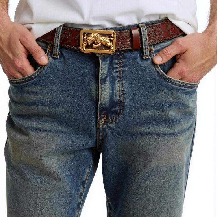 Classical Men Leather Belt with Convenient Automatic Buckle and Carved Beast Buckle Chinese Beast Head