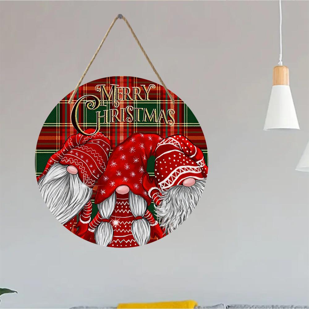 Christmas gnomes plaid pattern festive decor Round Wooden Hanging Plaque wall art sign front door ornament winter home holiday decoration