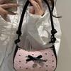 Korean Sweet Seersucker Bow Shoulder Bag, Women's Black & Pink Color Block Crossbody