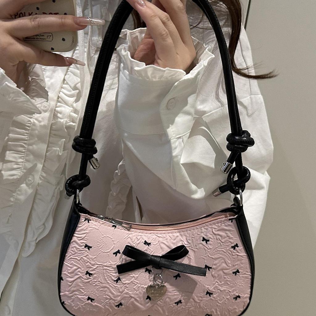 Korean Sweet Seersucker Bow Shoulder Bag, Women's Black & Pink Color Block Crossbody