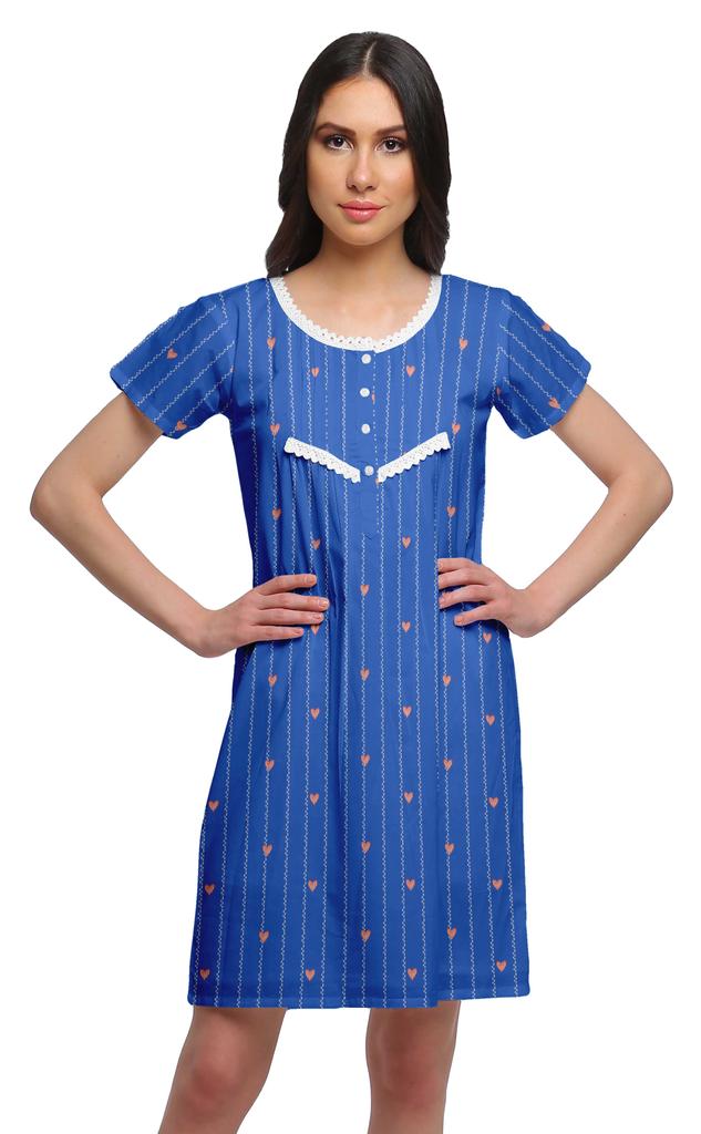 Moomaya Cotton Lace Neckline Sleepwear For Women Button Placket Nightdress
