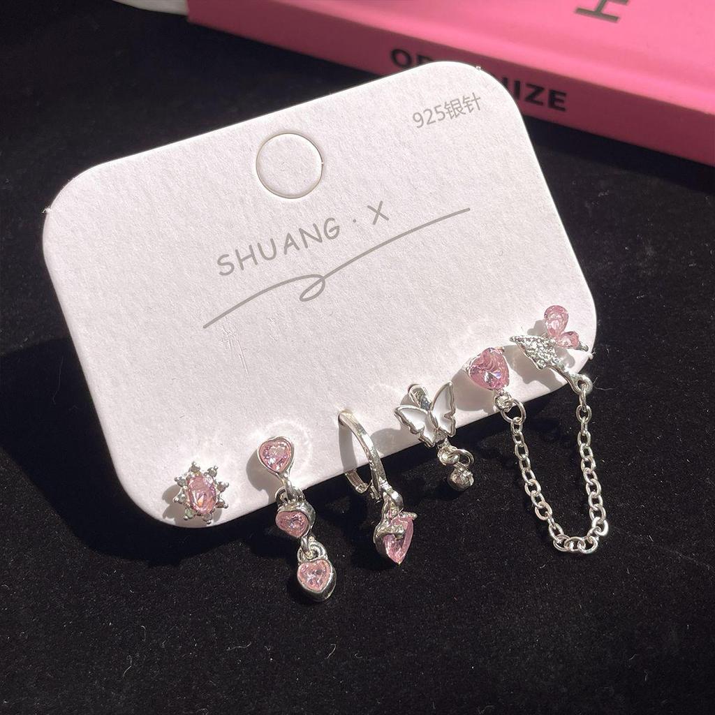Chic Geometric Pink Zircon Heart Tassel Earrings for Girls - Exquisite Silver Needle Design