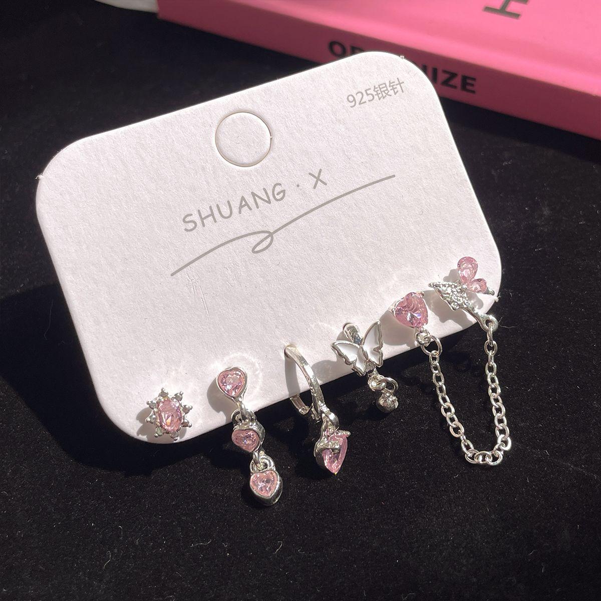 

Шикарні геометричні сережки з рожевого циркону зі срібною голкою та дизайном з любовними китицями для дівчат