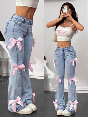 Y2K Spicy Girl Pink Bow High-Waisted Slim Light Blue Flare Jeans