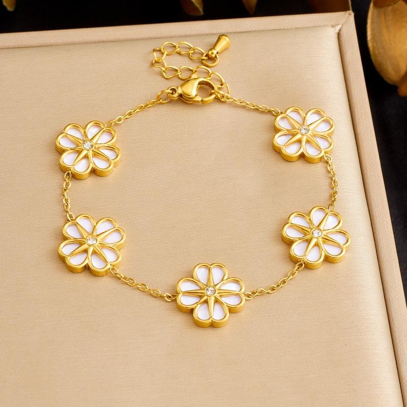 Gold Malachite Flower Zircon Bracelet For Women Dainty Jewelry белый