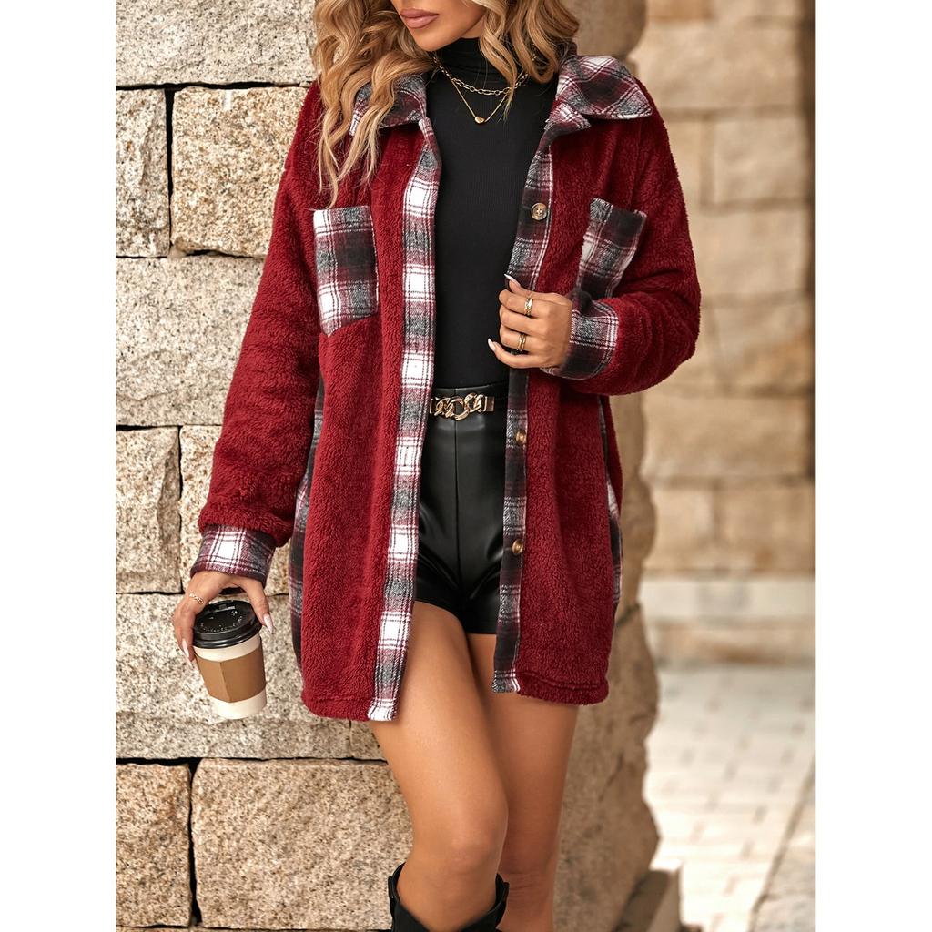GMXIA Women's Autumn and Winter Single-breasted Lapel Mid-length Checkered Plush Coat Jackets & Coats