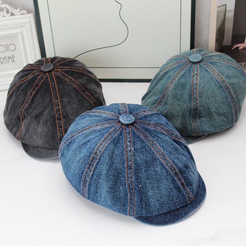 Cappello a visiera in denim lavato e invecchiato, circonferenza testa grande, berretto ottagonale anti, cappello da strillone pittore retrò versatile per bambini
