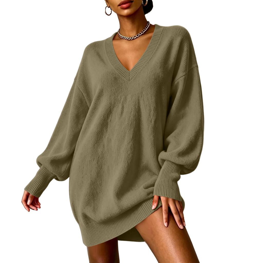 Women's Loose Fit Midi Sweater Dress with Sleeves and Collared Neckline
