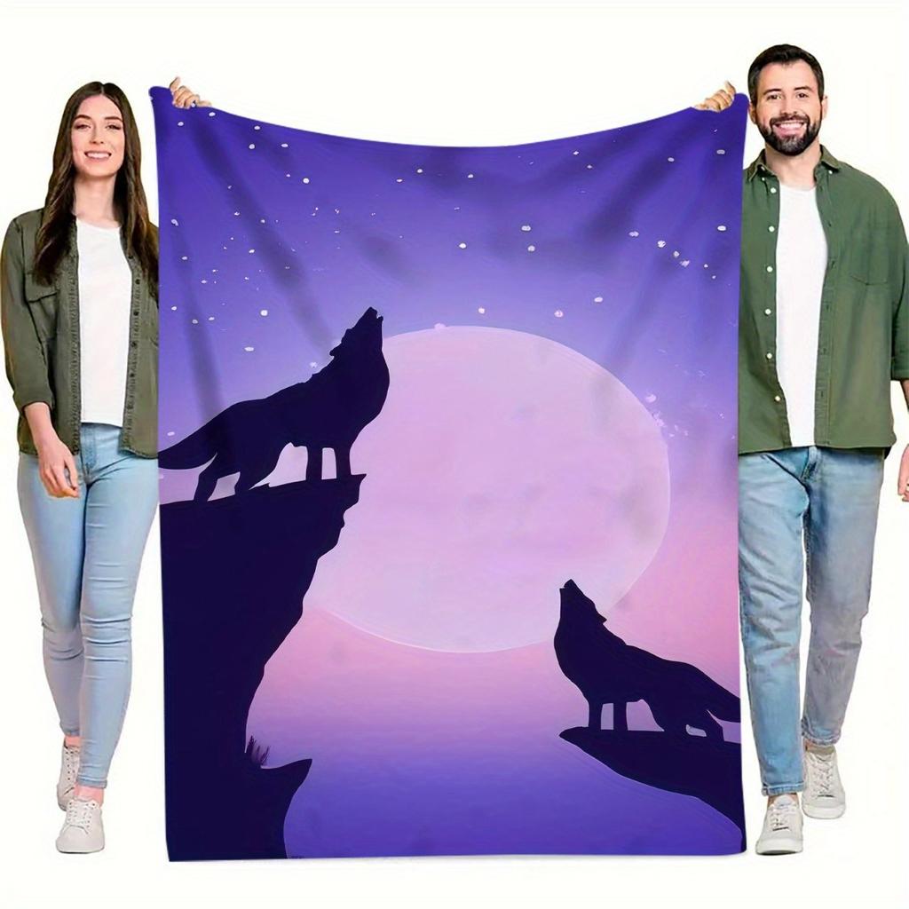 1pc Wolf and Moon Digital Printed Design Blanket - All-Season Soft Flannel Throw with Cozy Polyester Fabric, Contemporary Geomet