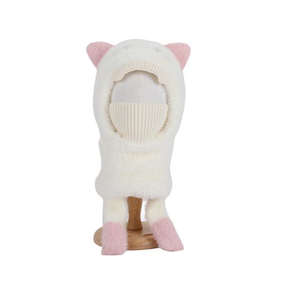 Kids Hat with Face Guard Scarf Plush Inner Lining Solid Color Bear Shape Warm Windproof Knit Hat Autumn Winter Outdoor Wear