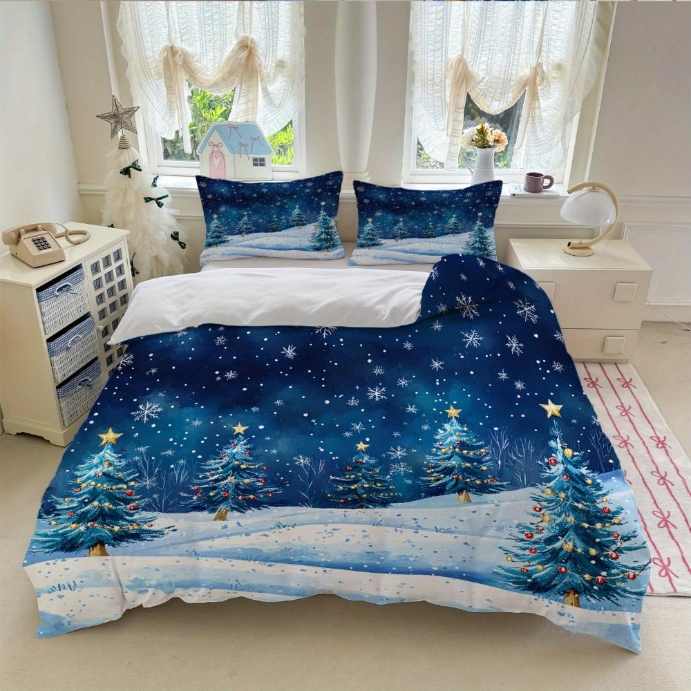 3pcs Blue Bedding Set Snowflakes Print Cozy Soft Duvet Cover King Queen Twin Size for Home Bedroom Decor New Year Christmas Gift