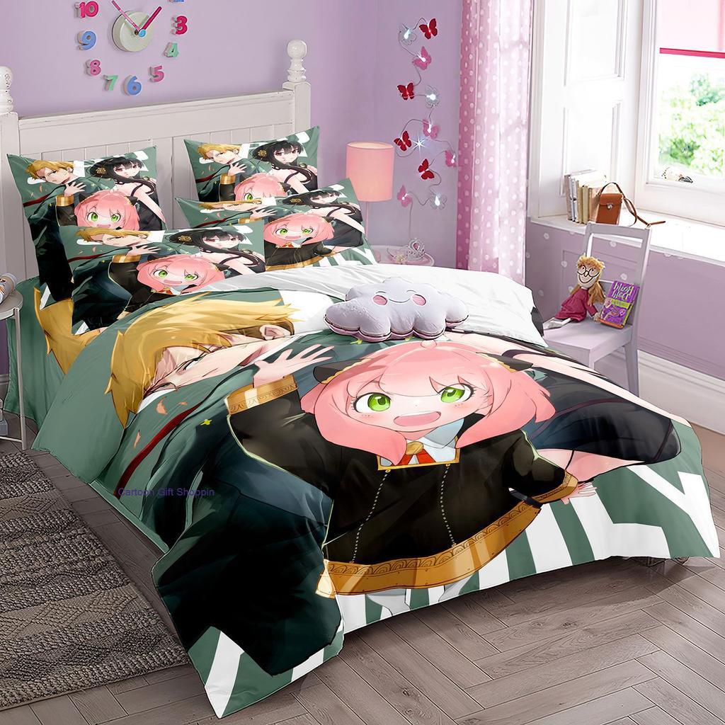 Anime Spy X Family Bedding Set Kawaii Loid Forger Anya Duvet Cover with Pillowcases Girls Boy Kid Set Quilt Cover Set