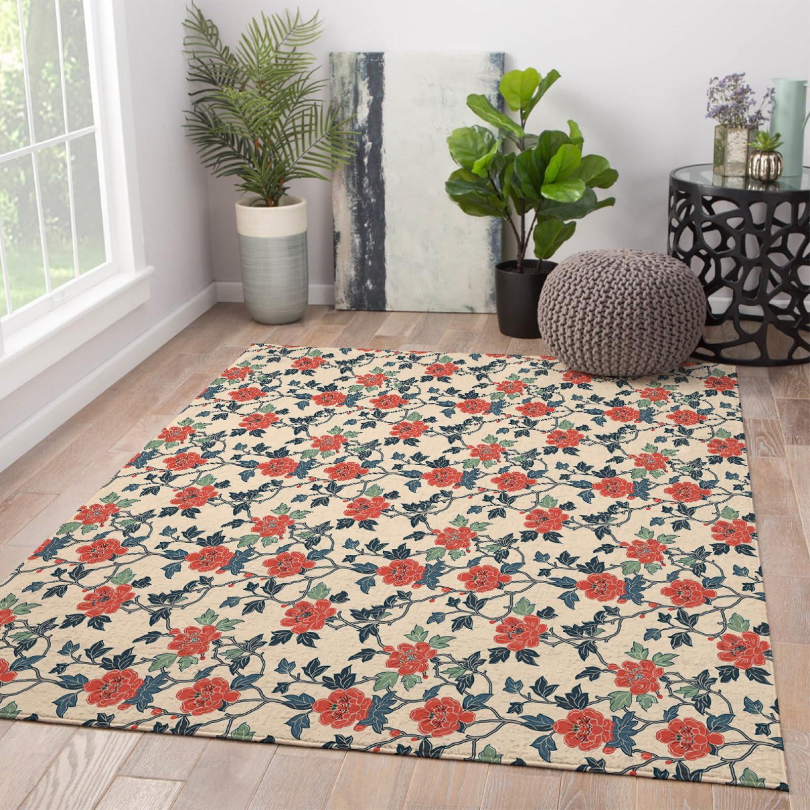 

Area Rug Sage Green Vintage Floral Pattern Non Slip Washable Living Room Rug for Boho Home Decor 40x60cm