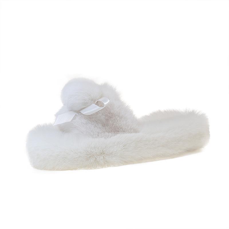 

Hairball thick-soled cotton slippers for women s wear new autumn and winter 2025 warm home solid color one-word fluffy slippers 35