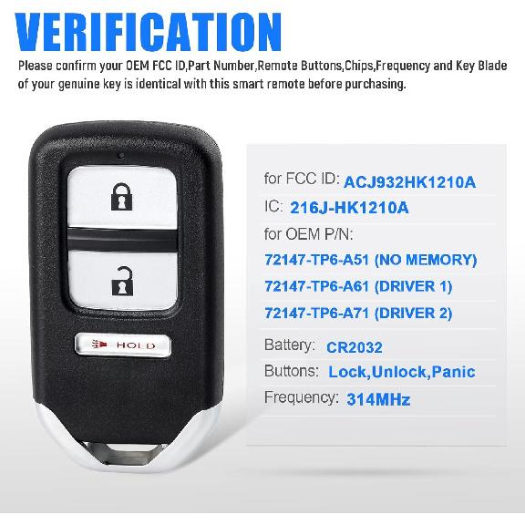 Car Smart Key Fob Keyless Entry Remote Key for Honda Crosstour 2013 2014 2015(FCC ID:ACJ932HK1210A P/N:72147-TP6-A51/A61/A71) 3 Buttons