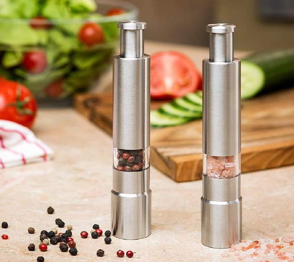 Morningplace Stainless Steel Pepper Mill, One-Push Operation, Salt and Pepper Spice Mill (Set of 2)